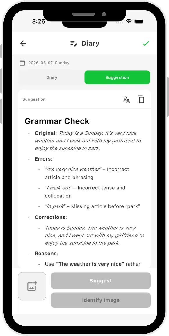 English Diary Correction Screen
